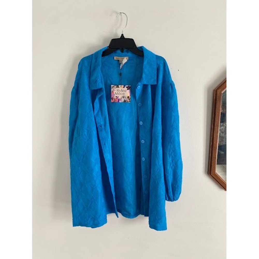 Rylee Moon Bright Blue Star Jacquard Button Down Balloon Sleeve Shirt RY003P 3XL